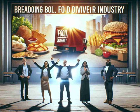 An image showcasing a major, bold move in the food delivery industry. The scene captures a food delivery company announcing its groundbreaking, unprecedented strategy or innovation that is expected to significantly impact the sector. This should be represented with a visibly excited team of diverse professionals (Caucasian woman, Black man, Middle-Eastern woman and South Asian man) standing in front of a large, eye-catching visual display depicting a revolutionary food delivery concept. The overall tone is triumphant and anticipatory, reflecting the company's confidence in this forthcoming initiative.