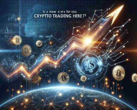 Create a stylized, high-definition image that dynamically and conceptually represents the surge in stock for a generic cryptocurrency trading platform. This should include elements like a soaring line graph indicative of a booming stock, intricate digital network patterns that signify online trading, and possibly bitcoins or generic digital coins symbolizing the domain of cryptocurrency. Include a text banner in the image that reads, 'Is a New Era for Crypto Trading Here?'