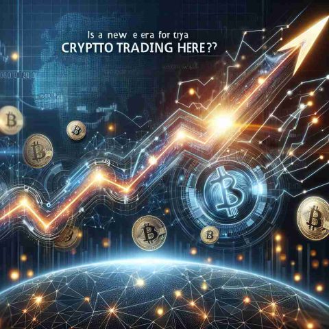 Create a stylized, high-definition image that dynamically and conceptually represents the surge in stock for a generic cryptocurrency trading platform. This should include elements like a soaring line graph indicative of a booming stock, intricate digital network patterns that signify online trading, and possibly bitcoins or generic digital coins symbolizing the domain of cryptocurrency. Include a text banner in the image that reads, 'Is a New Era for Crypto Trading Here?'