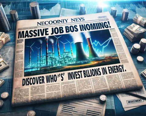 A realistic high definition image of a sensational news headline saying 'Massive Job Boost Incoming! Discover Who's Investing Billions in Energy.'. There is a background image of a power plant that symbolizes energy industry, peeping through the newspaper texture. Include images that signal economic growth, such as rising graphs, stacks of coins, and documents marked 'investment'. The atmosphere should evoke hope, progress, and enthusiasm.