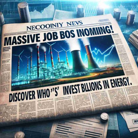 A realistic high definition image of a sensational news headline saying 'Massive Job Boost Incoming! Discover Who's Investing Billions in Energy.'. There is a background image of a power plant that symbolizes energy industry, peeping through the newspaper texture. Include images that signal economic growth, such as rising graphs, stacks of coins, and documents marked 'investment'. The atmosphere should evoke hope, progress, and enthusiasm.