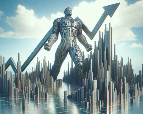 Generate a high-definition, realistic imagery of an abstract representation showcasing a towering metal giant. This metal giant is illustrated as surging upwards, symbolizing a marked increase in performance or value despite invisible fluctuations in the financial market surrounding it.