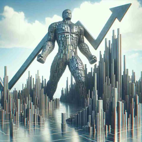 Generate a high-definition, realistic imagery of an abstract representation showcasing a towering metal giant. This metal giant is illustrated as surging upwards, symbolizing a marked increase in performance or value despite invisible fluctuations in the financial market surrounding it.