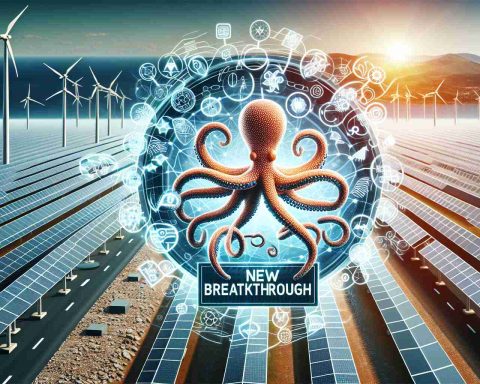 A high-definition, realistic image showcasing a new breakthrough in renewable energy. The scene displays a symbol or concept representing octopus, representing convoluted but meticulously organized layers, associated with innovative energy rates. Please include a dynamic and futuristic theme, with elements such as wind turbines, solar panels, and other renewable energy infrastructures.