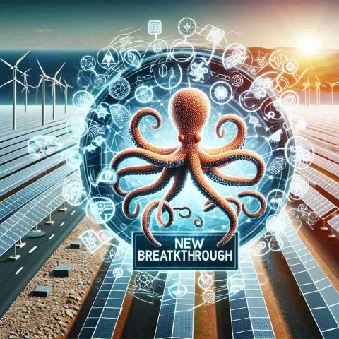 A high-definition, realistic image showcasing a new breakthrough in renewable energy. The scene displays a symbol or concept representing octopus, representing convoluted but meticulously organized layers, associated with innovative energy rates. Please include a dynamic and futuristic theme, with elements such as wind turbines, solar panels, and other renewable energy infrastructures.