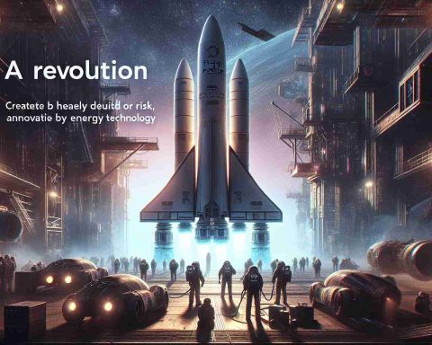 Create a highly detailed and realistic image interpreting the concept of revolution or risk in the context of advanced technology. Visualize Plug Power, a futuristic energy company, setting its sights on space exploration. Illustrate a scenario with a spacecraft powered by innovative energy technology preparing for launch. The scene should ideally capture the tension and anticipation of this venture into the unknown.