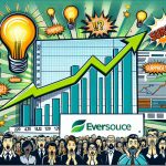 Visual representation of 'Shocking Earnings Beat!' theme. Image shows financial charts with surprising upward trend symbolizing significant growth in earnings, next to the brand logo of Eversource. The environment around these elements is filled with elements of surprise such as brightly lit bulbs, comic-style 'surprise' exclamations, and people with astonished expressions.