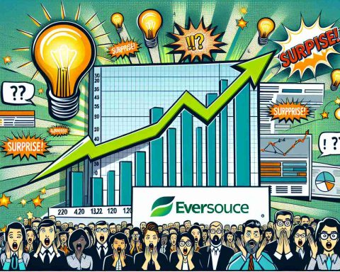 Visual representation of 'Shocking Earnings Beat!' theme. Image shows financial charts with surprising upward trend symbolizing significant growth in earnings, next to the brand logo of Eversource. The environment around these elements is filled with elements of surprise such as brightly lit bulbs, comic-style 'surprise' exclamations, and people with astonished expressions.