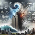 A detailed, high definition image depicting the metaphorical concept of powerful storms having a heavy impact on a large company's profits. The image includes visual representations of a massive tempest with violent winds and pouring rain, impacting a towering building symbolizing a giant corporation. The second half of the image reveals the company's recovery plans through symbols like a blueprint and innovative gadgets. The overall mood of the image is tension and resilience.