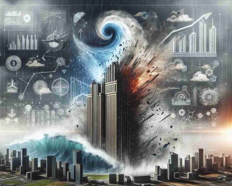 A detailed, high definition image depicting the metaphorical concept of powerful storms having a heavy impact on a large company's profits. The image includes visual representations of a massive tempest with violent winds and pouring rain, impacting a towering building symbolizing a giant corporation. The second half of the image reveals the company's recovery plans through symbols like a blueprint and innovative gadgets. The overall mood of the image is tension and resilience.