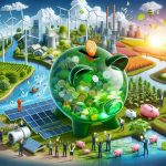 A high-definition, realistic image representing the concept 'Is investing in Green Energy the key to a sustainable future?' Through symbolism, depict an array of green energy sources such as wind turbines, solar panels, hydroelectric dams, and biofuel crops. On one side, show a vibrant world with rich biodiversity, clean air, clear waters, progressing technology, and happy diverse people. On the other side, symbolize the concept of investment with diverse individuals placing coins into a large, glowing piggy bank labeled 'Green Energy Investment'.