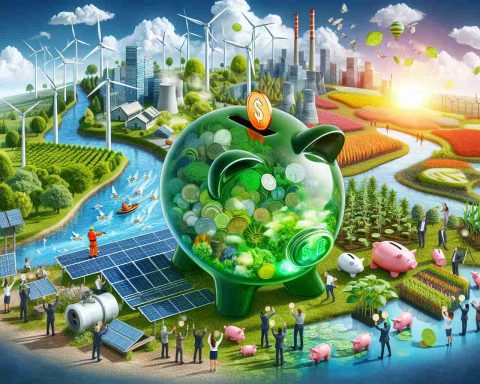 A high-definition, realistic image representing the concept 'Is investing in Green Energy the key to a sustainable future?' Through symbolism, depict an array of green energy sources such as wind turbines, solar panels, hydroelectric dams, and biofuel crops. On one side, show a vibrant world with rich biodiversity, clean air, clear waters, progressing technology, and happy diverse people. On the other side, symbolize the concept of investment with diverse individuals placing coins into a large, glowing piggy bank labeled 'Green Energy Investment'.