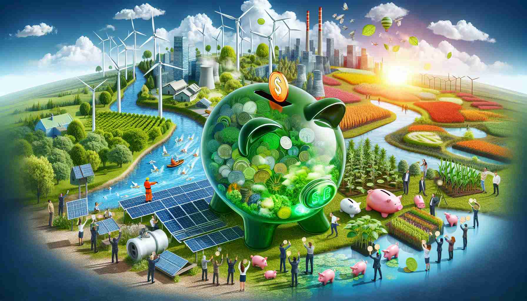 A high-definition, realistic image representing the concept 'Is investing in Green Energy the key to a sustainable future?' Through symbolism, depict an array of green energy sources such as wind turbines, solar panels, hydroelectric dams, and biofuel crops. On one side, show a vibrant world with rich biodiversity, clean air, clear waters, progressing technology, and happy diverse people. On the other side, symbolize the concept of investment with diverse individuals placing coins into a large, glowing piggy bank labeled 'Green Energy Investment'.