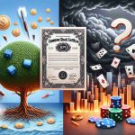 Realistic high-definition illustration showing two contrasting visuals: a common stock certificate representing a 'good investment' on one side, with symbols of growth and positive outcomes such as a robust tree or thriving cityscape. On the other side, a set of dice or gamble chips to signify the 'risky bet' aspect, showing unstable elements like a stormy sea or a shaky house of cards. To visually represent the question 'Are IPO Stocks a Good Investment or Just a Risky Bet?', there should be a question mark between the two scenarios.