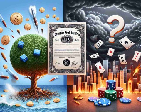 Realistic high-definition illustration showing two contrasting visuals: a common stock certificate representing a 'good investment' on one side, with symbols of growth and positive outcomes such as a robust tree or thriving cityscape. On the other side, a set of dice or gamble chips to signify the 'risky bet' aspect, showing unstable elements like a stormy sea or a shaky house of cards. To visually represent the question 'Are IPO Stocks a Good Investment or Just a Risky Bet?', there should be a question mark between the two scenarios.