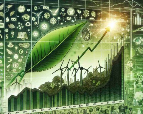 Detailed depiction of a graph chart that shows the rising trend of a hypothetical renewable energy company's stock value over a period of time. The background of the graph is filled with symbols and images representing green energy, such as wind turbines, solar panels, and a vibrant green leaf. Please include the text 'The Green Investment You Didn't Know You Needed' in bold letters at the top of the image.