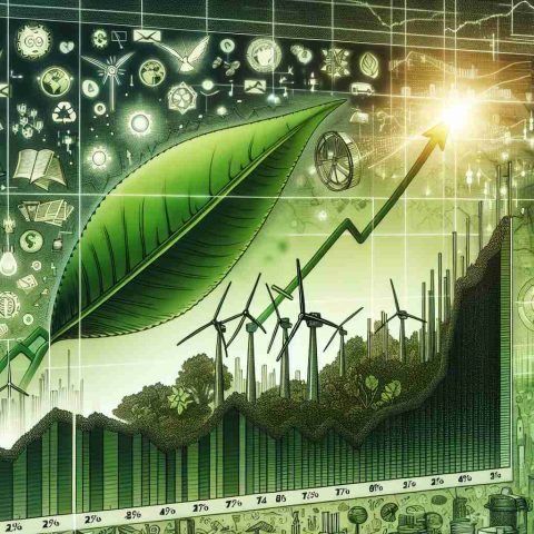 Detailed depiction of a graph chart that shows the rising trend of a hypothetical renewable energy company's stock value over a period of time. The background of the graph is filled with symbols and images representing green energy, such as wind turbines, solar panels, and a vibrant green leaf. Please include the text 'The Green Investment You Didn't Know You Needed' in bold letters at the top of the image.