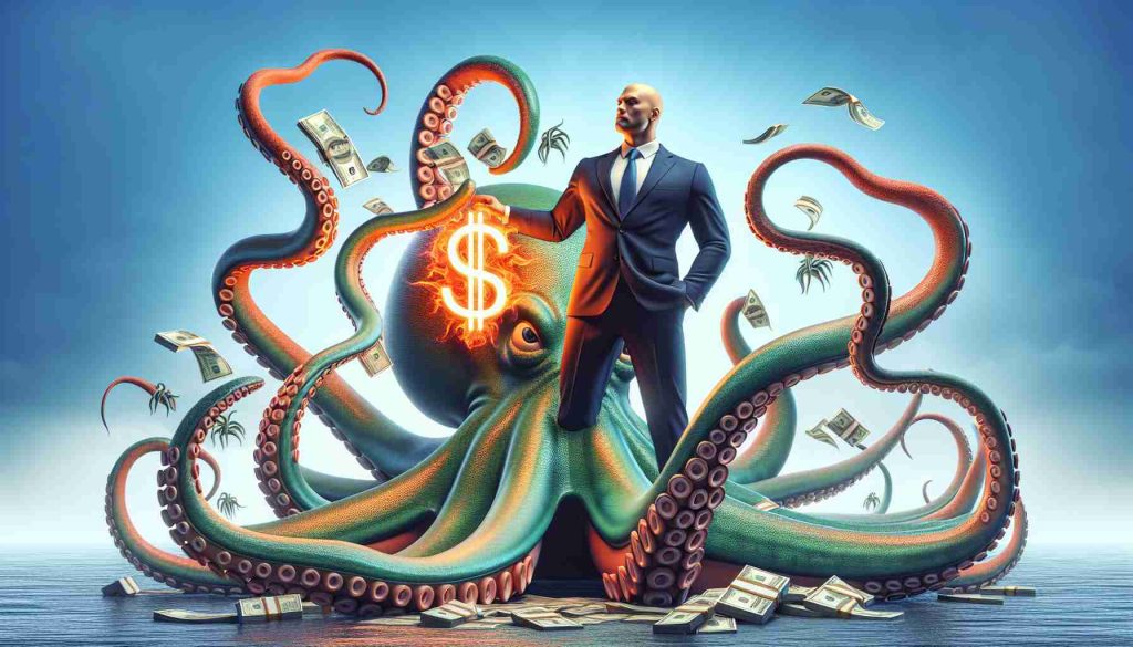 An HD quality, realistic depiction of large-scale investors, personified as giant octopuses, turning their tentacles towards a symbolic representation of 'Octopus Energy'. The octopus investors should be designed with a sense of wealth and power, while 'Octopus Energy' should be represented as a vibrant, inviting, and sustainable energy source element, omitting the character of any specific person or company. The image is expected to evoke curiosity and interest about the investment in the energy sector.