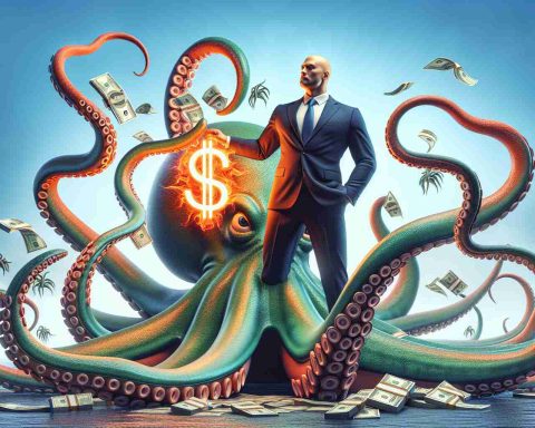 An HD quality, realistic depiction of large-scale investors, personified as giant octopuses, turning their tentacles towards a symbolic representation of 'Octopus Energy'. The octopus investors should be designed with a sense of wealth and power, while 'Octopus Energy' should be represented as a vibrant, inviting, and sustainable energy source element, omitting the character of any specific person or company. The image is expected to evoke curiosity and interest about the investment in the energy sector.