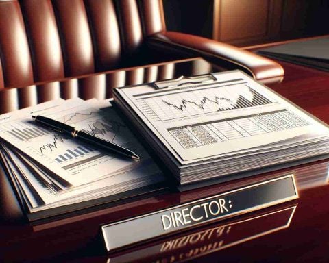 A high-definition image of a stack of financial documents and a director's name plate on a glossy mahogany desk, indicating a stock sale. The documents are open, revealing charts and diagrams of key financial moves. The scene has a realistic look, with attention paid to the details of the documents, the desk, and the rest of the surroundings.