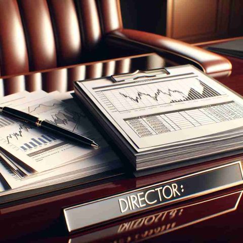 A high-definition image of a stack of financial documents and a director's name plate on a glossy mahogany desk, indicating a stock sale. The documents are open, revealing charts and diagrams of key financial moves. The scene has a realistic look, with attention paid to the details of the documents, the desk, and the rest of the surroundings.