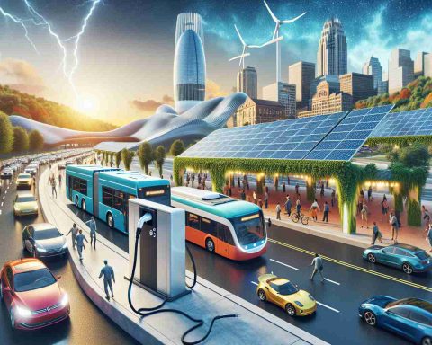 High-definition, realistic image representing the concept of electric revolution beginning in Wisconsin. The electricity-powered infrastructure is changing the face of daily commuting. Visualize charging stations replacing gas stations, electric buses and cars on the roads, solar panels powering public transport infrastructure, and happy commuters enjoying their eco-friendly journey.