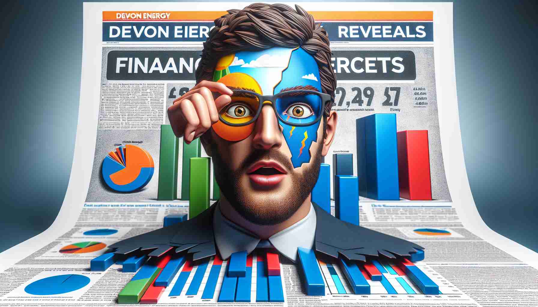 A realistic, high-definition image of a symbolic representation of financial revelations about Devon Energy. Picture a large, emboldened headline stating, 'Devon Energy Reveals Financial Secrets', with an expression of shock and intrigue shown on a face representing 'the experts'. Show an unexpected twist represented by a surprising statistic or bar graph showing performance that exceeds expectations.