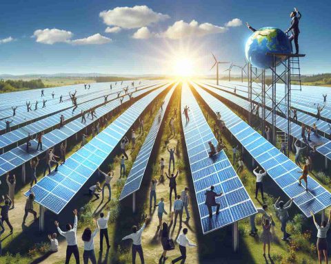 A realistic, high-resolution image that symbolically represents the start of the solar power revolution. The image could include solar panel fields under clear blue sky to signify their growing prevalence. Also include a variety of people of different genders and descents enthusiastically engaged in the installation of these panels, representing the collaborative effort of many communities. Let the viewer ponder who might be behind this energy revolution.