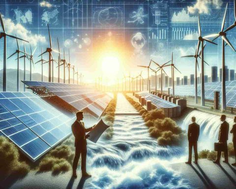 A detailed, high-definition image symbolizing investors' optimistic outlook on the future of renewable energy. Visualize a clean, pollution-free skyline, indicating the absence of fossil fuel emissions. There is a rising sun in the background representing new beginnings and opportunities. In the foreground are towering wind turbines, shining solar panels, and rushing hydroelectric dams, embodying the diverse renewable energy sources. Lastly, present silhouettes of confident investors, possibly examining blueprints or conversing enthusiastically, reflecting their belief in a 'bright' and sustainable future powered by renewable energy.