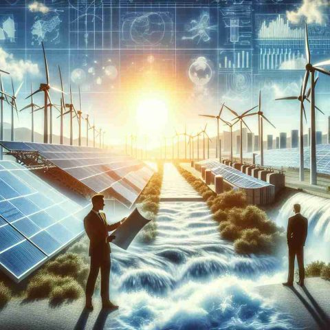 A detailed, high-definition image symbolizing investors' optimistic outlook on the future of renewable energy. Visualize a clean, pollution-free skyline, indicating the absence of fossil fuel emissions. There is a rising sun in the background representing new beginnings and opportunities. In the foreground are towering wind turbines, shining solar panels, and rushing hydroelectric dams, embodying the diverse renewable energy sources. Lastly, present silhouettes of confident investors, possibly examining blueprints or conversing enthusiastically, reflecting their belief in a 'bright' and sustainable future powered by renewable energy.