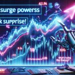 A conceptual image depicting AI causing a surge in the stock market. There is a graph exponentially going up, representing the stock market. A robotic hand is seen adjusting the curve, symbolizing AI's intervention. The setting is electrified, showing the frenzy. Neon numbers and arrows are scattered, dancing around the scene. Text headlines like 'AI Surge Powers Stock Surprise!' and 'What's Fueling the Frenzy?' are prevalent in the foreground. The picture is hyper-realistic and in HD quality.