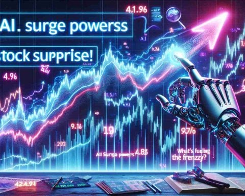 A conceptual image depicting AI causing a surge in the stock market. There is a graph exponentially going up, representing the stock market. A robotic hand is seen adjusting the curve, symbolizing AI's intervention. The setting is electrified, showing the frenzy. Neon numbers and arrows are scattered, dancing around the scene. Text headlines like 'AI Surge Powers Stock Surprise!' and 'What's Fueling the Frenzy?' are prevalent in the foreground. The picture is hyper-realistic and in HD quality.