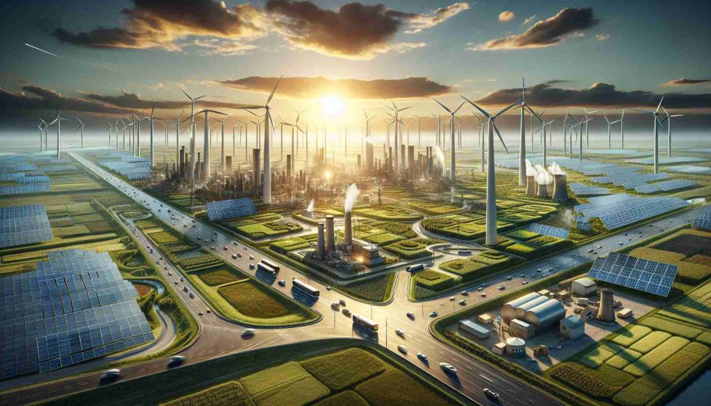 Produce a realistic, high-definition image capturing the future of renewable energy with a surprising twist. Show innovative, eco-friendly energy solutions and technologies dramatically transforming the landscape. This could include solar fields replacing traditional power plants, energy-efficient cityscapes with green rooftops and electric public transport, or majestic wind turbines placed midst a traditionally energy-exhausting industry. The image should not only show a transition but present a surprise factor, symbolizing unforeseen advancements or shifts in the renewable energy sector.