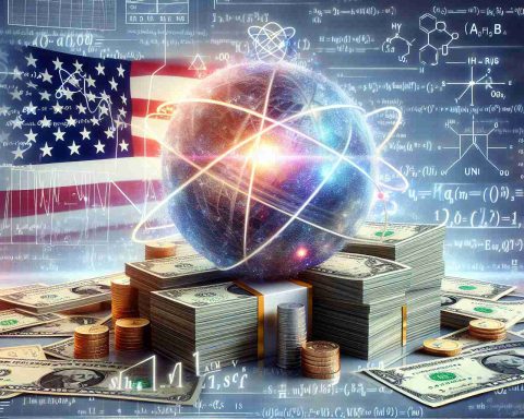 Realistic HD image showing billions of dollars symbolized by stacks of money and gold. In the background, various scientific concepts such as quantum mechanics equations and physics diagrams illustrating the potential loss of the quantum edge. The United States flag can be subtly incorporated into the design to hint at the country involved.