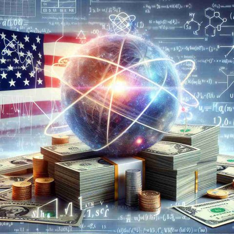 Realistic HD image showing billions of dollars symbolized by stacks of money and gold. In the background, various scientific concepts such as quantum mechanics equations and physics diagrams illustrating the potential loss of the quantum edge. The United States flag can be subtly incorporated into the design to hint at the country involved.