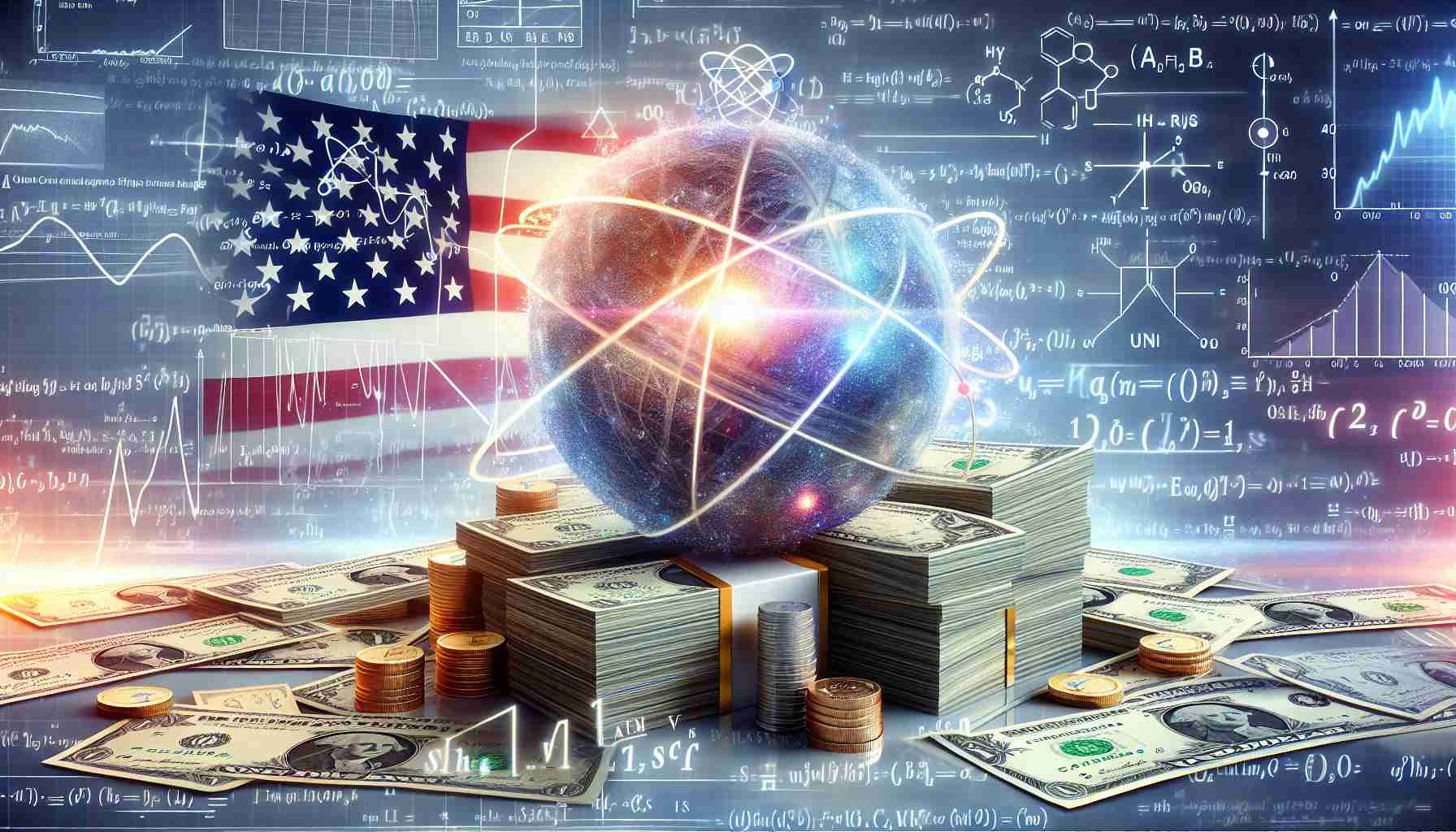 Realistic HD image showing billions of dollars symbolized by stacks of money and gold. In the background, various scientific concepts such as quantum mechanics equations and physics diagrams illustrating the potential loss of the quantum edge. The United States flag can be subtly incorporated into the design to hint at the country involved.