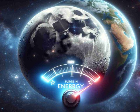 Realistic high-definition image of the moon, highlighting its potential for energy production. It is glowing subtly in a unique way, signifying the latent power within it. Alongside the moon, also depict an indicator or meter signifying a surge in energy. Add the Earth in the backdrop, subtly focusing on how this newfound cosmic power could potentially change the planet.