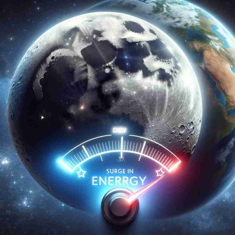 Realistic high-definition image of the moon, highlighting its potential for energy production. It is glowing subtly in a unique way, signifying the latent power within it. Alongside the moon, also depict an indicator or meter signifying a surge in energy. Add the Earth in the backdrop, subtly focusing on how this newfound cosmic power could potentially change the planet.