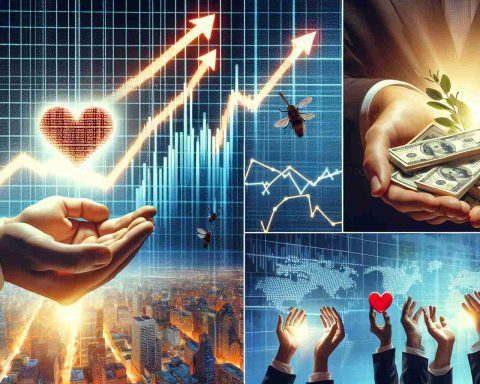 Create a realistic HD photo that represents the concept of an incredible surge in stock market prices and illustrates how it's drastically transforming the way people donate to causes. This might include imagery of a stock ticker showing dramatically rising values, contrasted with depictions of generous giving such as hands offering hearts or money, and graphs showing an increasing trend in donations.