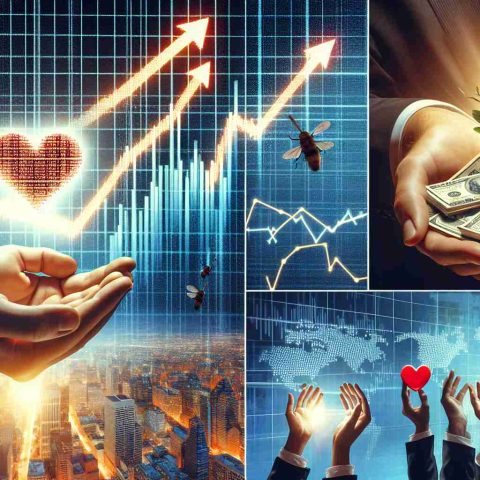 Create a realistic HD photo that represents the concept of an incredible surge in stock market prices and illustrates how it's drastically transforming the way people donate to causes. This might include imagery of a stock ticker showing dramatically rising values, contrasted with depictions of generous giving such as hands offering hearts or money, and graphs showing an increasing trend in donations.