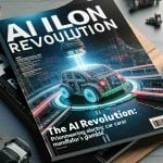 High definition, realistic image of a tech-themed magazine cover with the title, 'The AI Revolution: Pioneering Electric Car Manufacturer's Gamble'. The cover picture reveals an innovative scene with advanced machinery, autonomous vehicles and AI integration, signifying how one company could contribute to a paradigm shift in technology and economy.