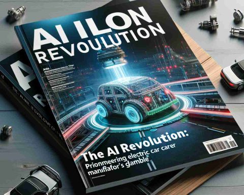 High definition, realistic image of a tech-themed magazine cover with the title, 'The AI Revolution: Pioneering Electric Car Manufacturer's Gamble'. The cover picture reveals an innovative scene with advanced machinery, autonomous vehicles and AI integration, signifying how one company could contribute to a paradigm shift in technology and economy.