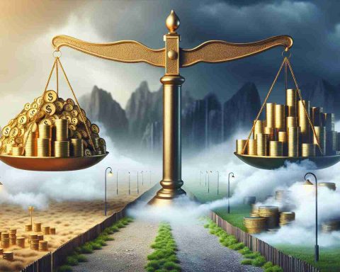 Detailed conceptual image of a large scale on one end, symbolizing massive gains with stacks of gold coins on it, and a foggy path on the other end, symbolizing lingering concerns on a financial landscape. What Lies Ahead for This Macro Stock Market Scene?