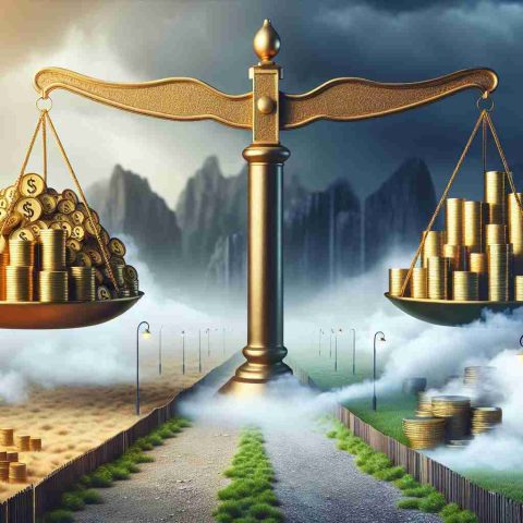 Detailed conceptual image of a large scale on one end, symbolizing massive gains with stacks of gold coins on it, and a foggy path on the other end, symbolizing lingering concerns on a financial landscape. What Lies Ahead for This Macro Stock Market Scene?