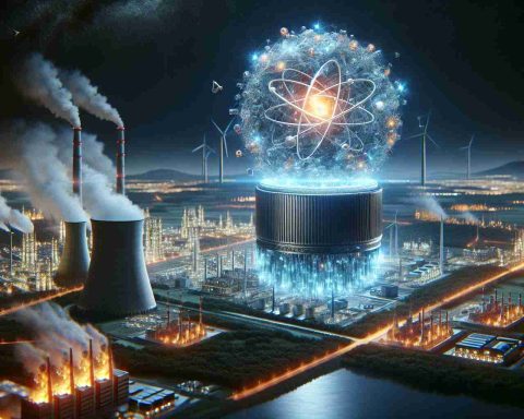 Create a high-definition, realistic image illustrating the concept of Nano Nuclear Energy as the future game-changer. Depict this innovative technology as a tiny yet powerful structure, glowing with intense energy. Show it against a backdrop of traditional energy sources such as coal plants or wind turbines for scale. The moment should capture the contrast between the old and the upcoming new technology.