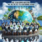 Realistic HD image depicting the concept of clean energy investors being the key to a sustainable future. Picture a diverse group of people gathered around a table discussing clean energy projects. In the foreground, there could be solar panels and wind turbines, symbols of renewable energy. The background could feature a healthy, thriving planet Earth, symbolizing a sustainable future. Additionally, the expressions on the people's faces should reflect determination and optimism. Please also depict the phrase 'Are Clean Energy Investors the Key to a Sustainable Future?' as a headline on top of the image.