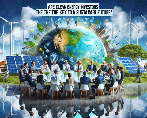 Realistic HD image depicting the concept of clean energy investors being the key to a sustainable future. Picture a diverse group of people gathered around a table discussing clean energy projects. In the foreground, there could be solar panels and wind turbines, symbols of renewable energy. The background could feature a healthy, thriving planet Earth, symbolizing a sustainable future. Additionally, the expressions on the people's faces should reflect determination and optimism. Please also depict the phrase 'Are Clean Energy Investors the Key to a Sustainable Future?' as a headline on top of the image.