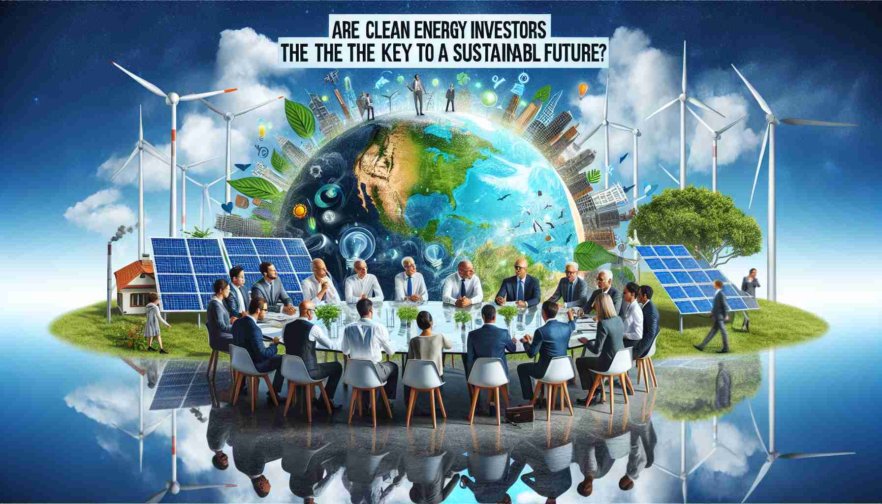 Realistic HD image depicting the concept of clean energy investors being the key to a sustainable future. Picture a diverse group of people gathered around a table discussing clean energy projects. In the foreground, there could be solar panels and wind turbines, symbols of renewable energy. The background could feature a healthy, thriving planet Earth, symbolizing a sustainable future. Additionally, the expressions on the people's faces should reflect determination and optimism. Please also depict the phrase 'Are Clean Energy Investors the Key to a Sustainable Future?' as a headline on top of the image.