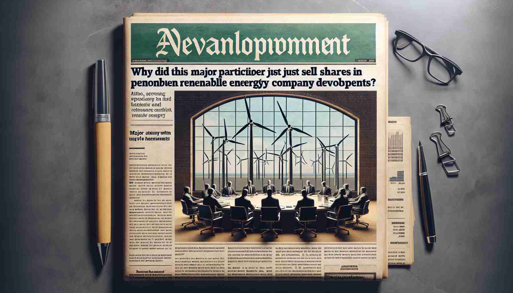 Create a realistic HD image of a newspaper front page with the headline, 'Why Did This Major Participant Just Sell Shares in a Prominent Renewable Energy Company? Unearth the Developments'