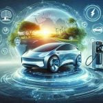 High definition image illustrating a majorinnovation in electric vehicle (EV) technology. Include a depiction of a futuristic electric car and a background that showcases a clean and sustainable environment, representing the revolutionary impact of such an innovation in the industry. Perhaps add symbols conveying the idea of technological breakthroughs, such as innovative battery designs or advanced charging station designs.